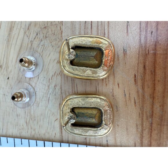 Givenchy Vintage Gold-Tone Crystal Stud Earrings Rectangular Clear Glass Rhinest - Picture 7 of 13